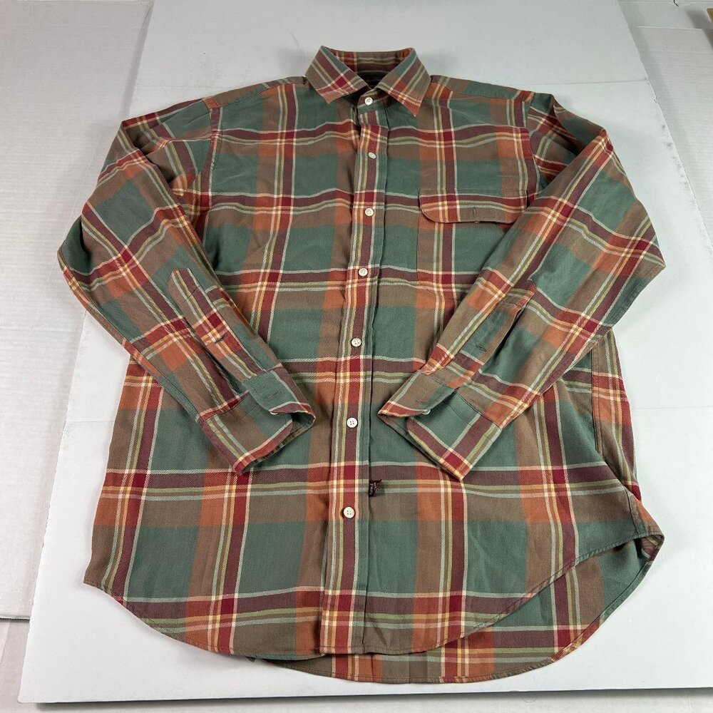 VTG Jeffrey Banks Shirt Medium Green & Red Plaid Flannel Button Up Long Sleeve